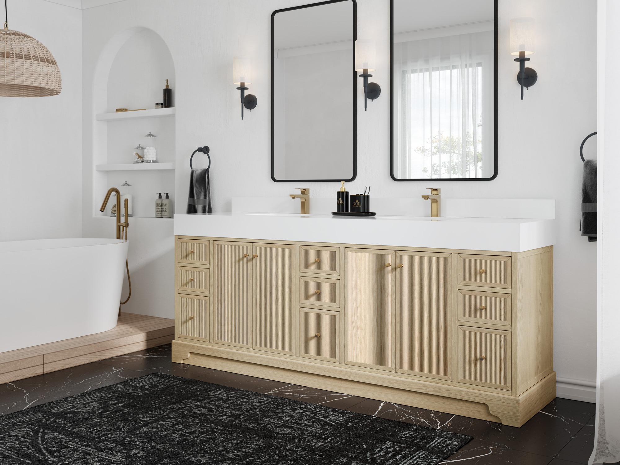 Manhattan Oak Wood 84 in. W x 22 in. D Double Sink Bathroom Vanity with Countertop and White Basin(S) 1474